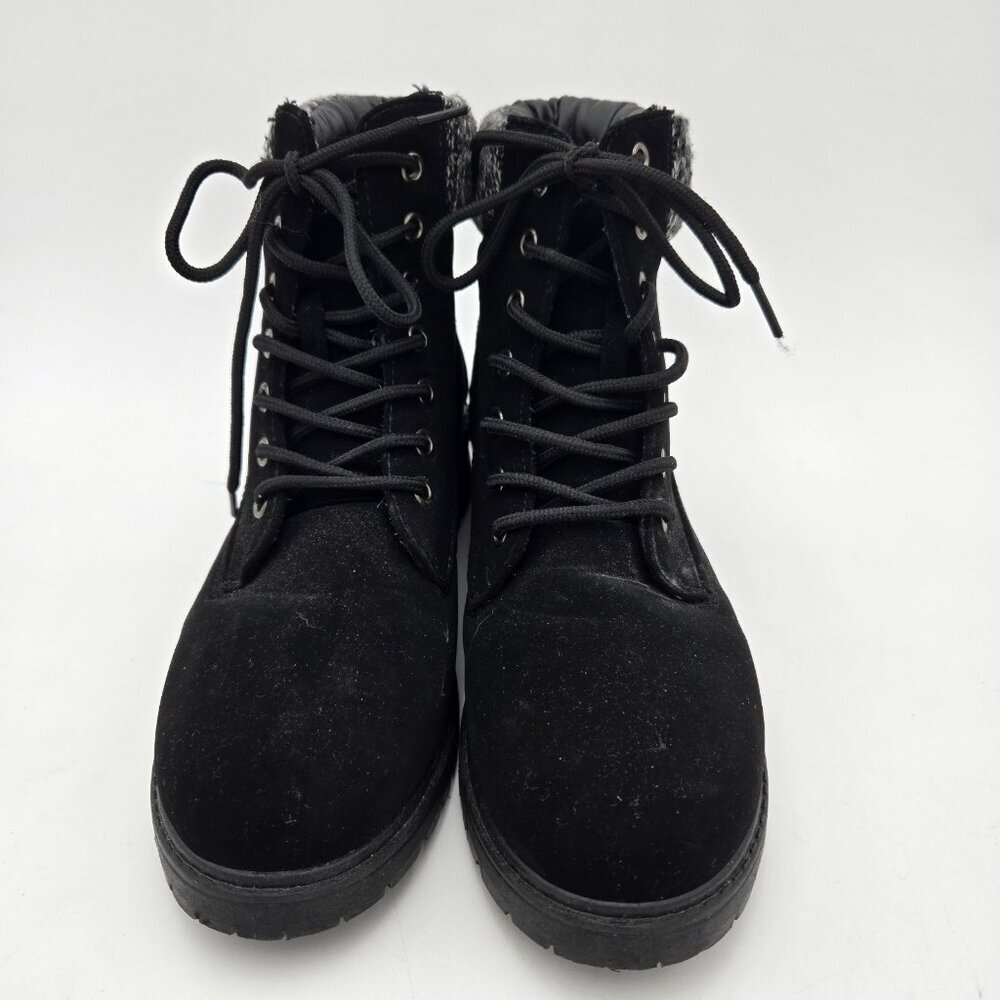 Blue Suede Shoes Boots Womens Black Lace up Faux Suede‎ Size 9 EUC Knit Trim - Picture 2 of 7